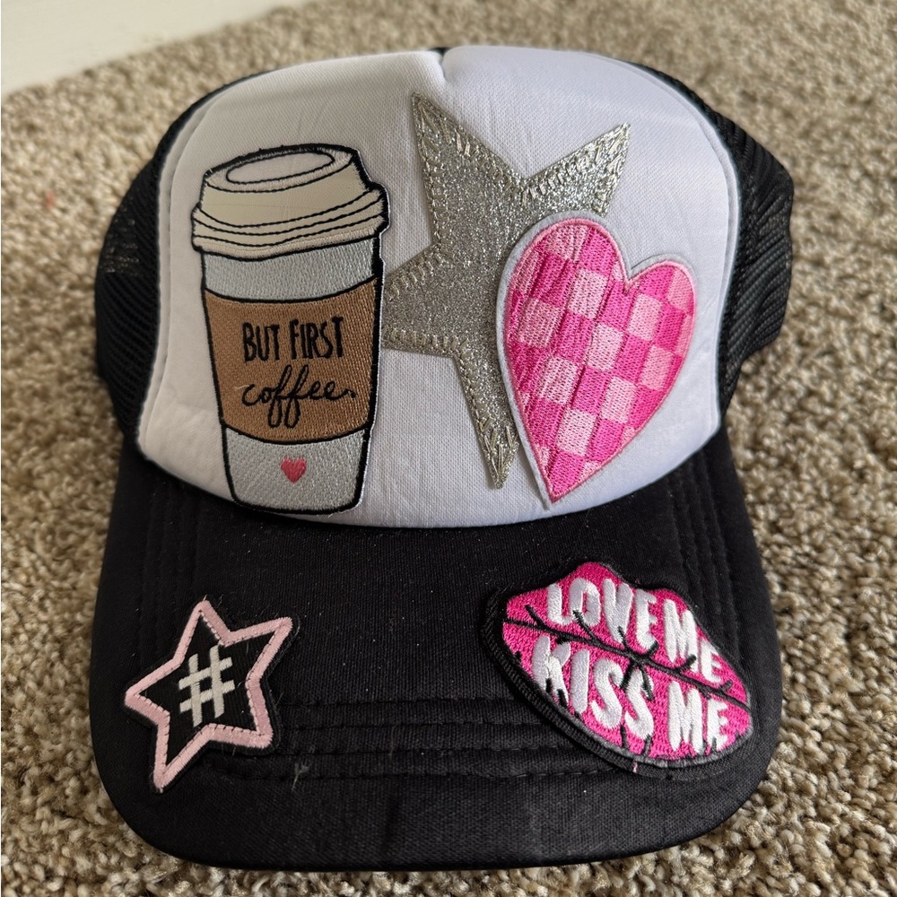 Black and White Trucker Hat with Fun Patches